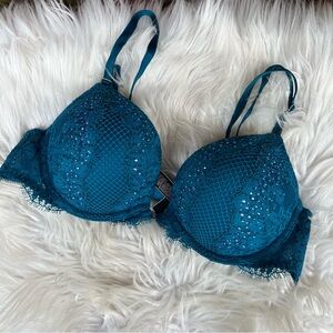 Victoria’s Secret Teal Blue Lace and Rhinestone Double Push Up Bra